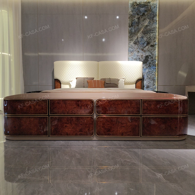Luxury Bed End Cabinet with Natural Wood Veneer Drawer Fronts Upholstered Top and Stainless Steel Trim